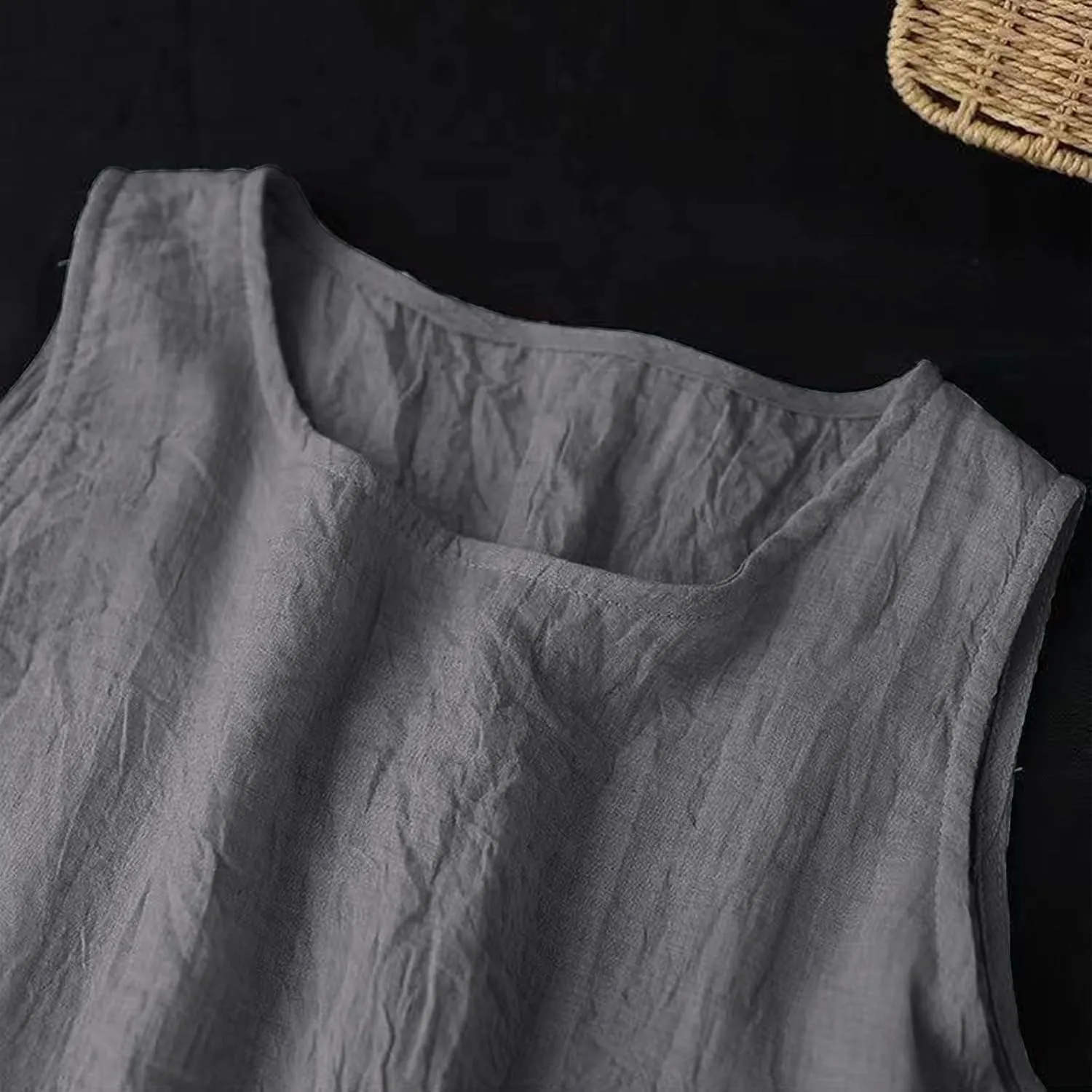 Womens Cotton Linen Midi Dress Casual Loose Solid A-line Dress Flowy Sleeveless Summer Beach Vacation Dress