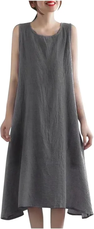 Womens Cotton Linen Midi Dress Casual Loose Solid A-line Dress Flowy Sleeveless Summer Beach Vacation Dress