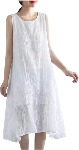 Womens Cotton Linen Midi Dress Casual Loose Solid A-line Dress Flowy Sleeveless Summer Beach Vacation Dress