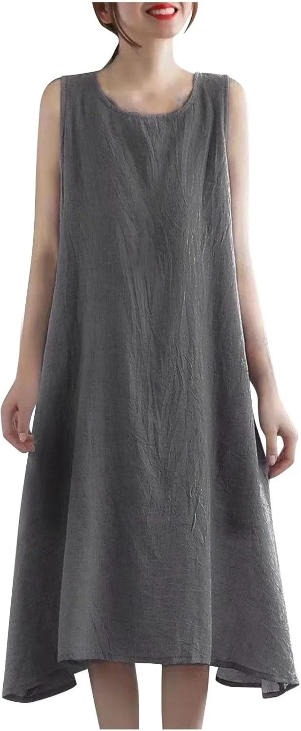 Womens Cotton Linen Midi Dress Casual Loose Solid A-line Dress Flowy Sleeveless Summer Beach Vacation Dress
