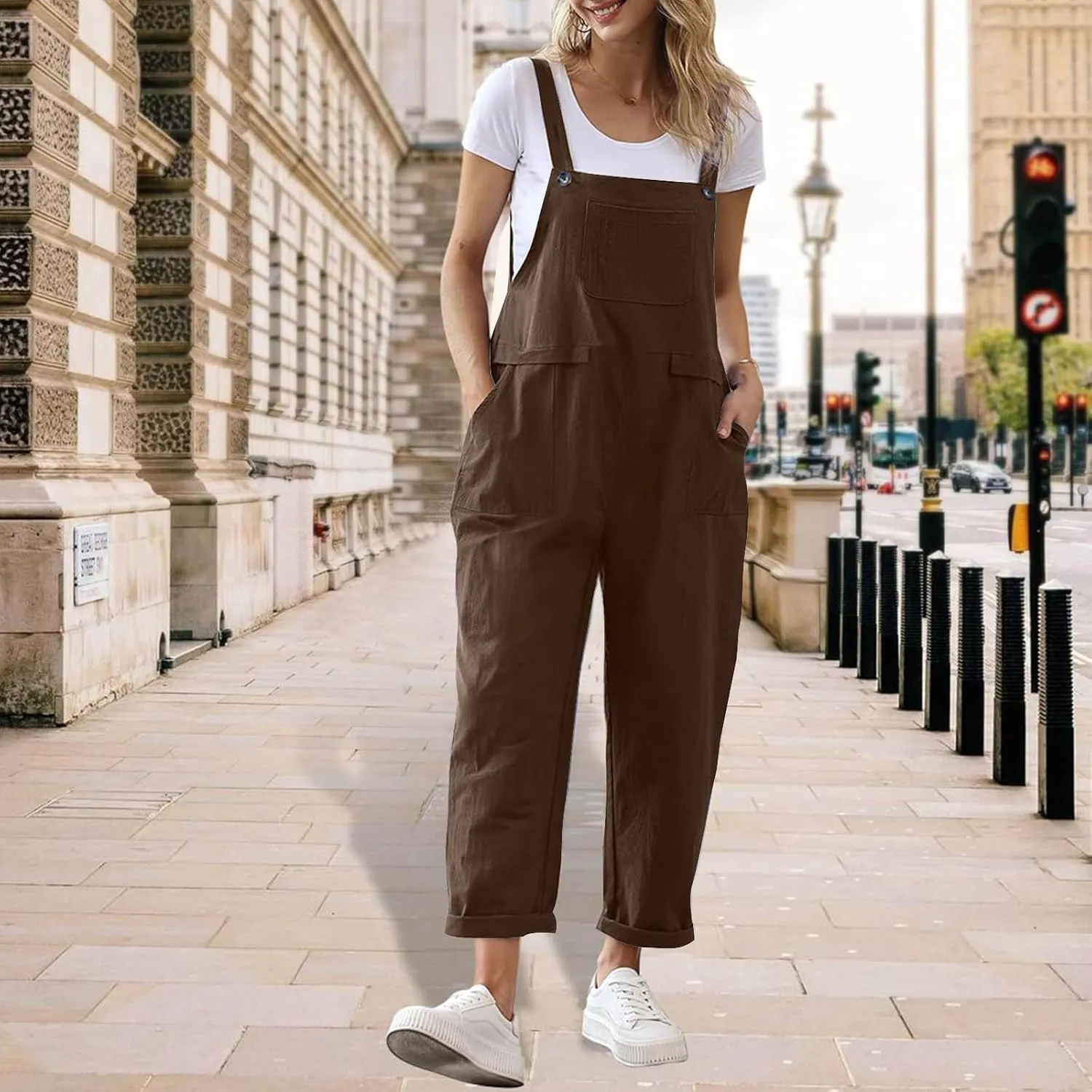 Women's Cotton Linen Overalls Long Baggy Casual Rompers with Pockets Summer Wed Leg Jumpsuits Plus Size Jumper