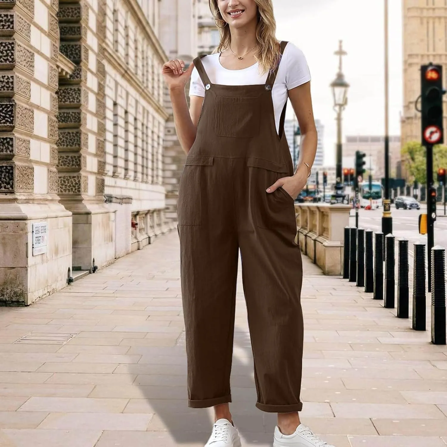 Women's Cotton Linen Overalls Long Baggy Casual Rompers with Pockets Summer Wed Leg Jumpsuits Plus Size Jumper