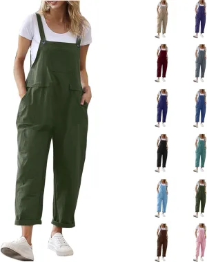 Women's Cotton Linen Overalls Long Baggy Casual Rompers with Pockets Summer Wed Leg Jumpsuits Plus Size Jumper
