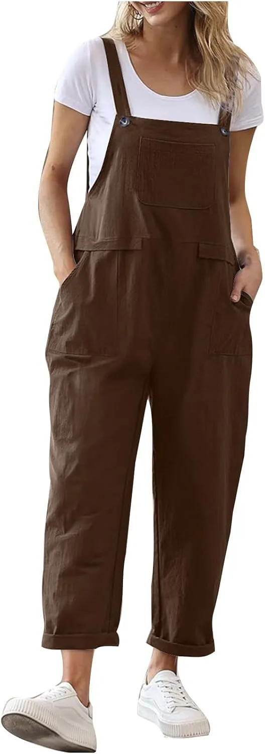 Women's Cotton Linen Overalls Long Baggy Casual Rompers with Pockets Summer Wed Leg Jumpsuits Plus Size Jumper