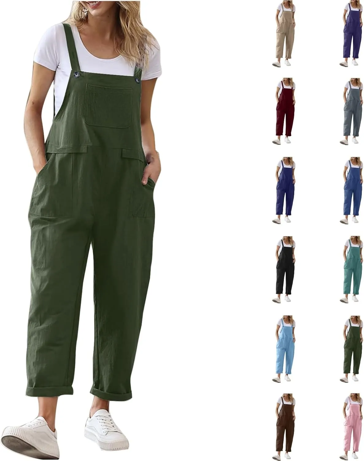Women's Cotton Linen Overalls Long Baggy Casual Rompers with Pockets Summer Wed Leg Jumpsuits Plus Size Jumper