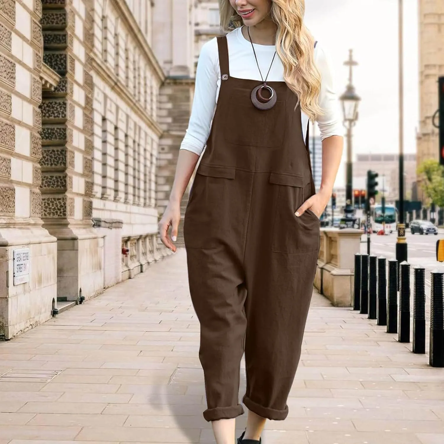 Women's Cotton Linen Overalls Long Baggy Casual Rompers with Pockets Summer Wed Leg Jumpsuits Plus Size Jumper