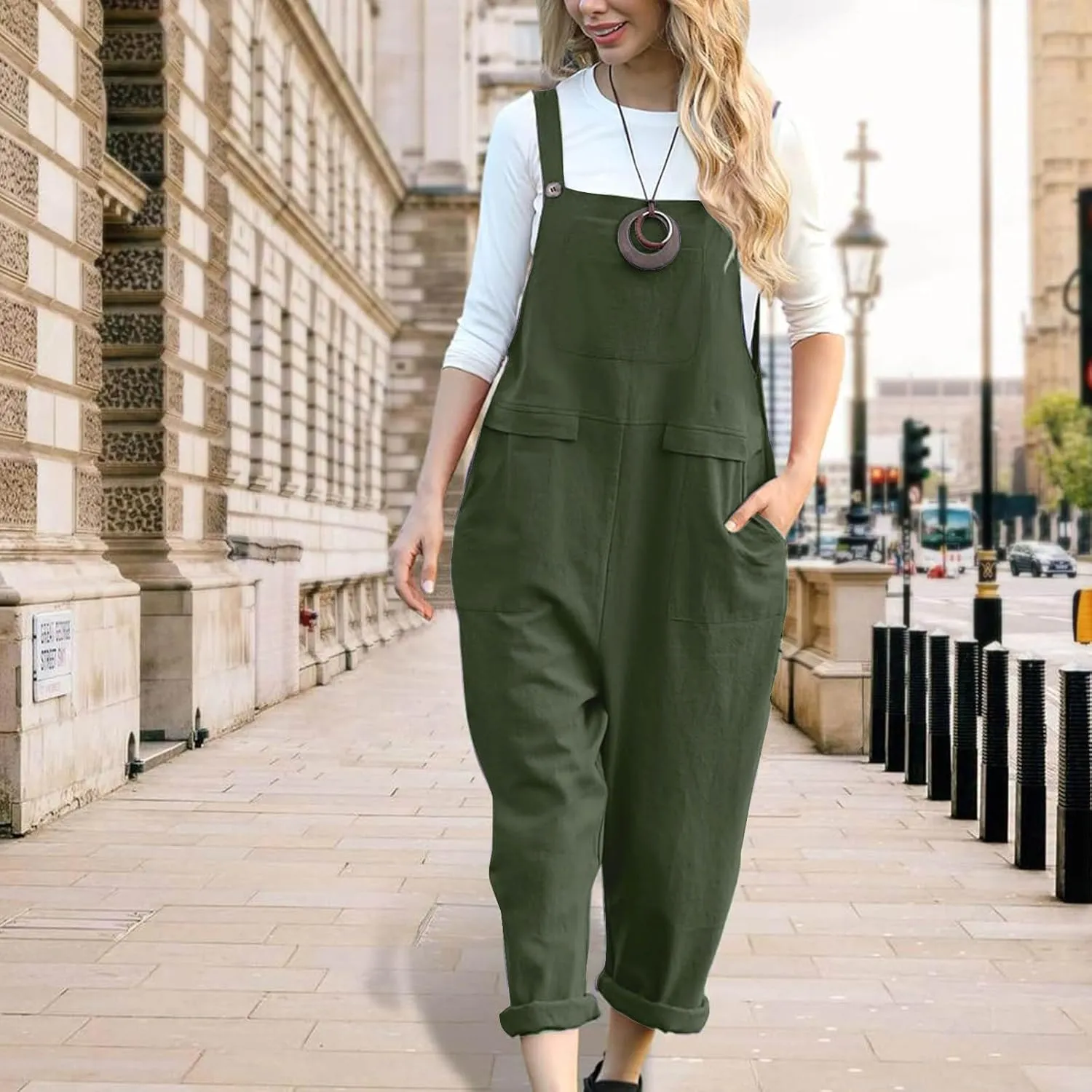 Women's Cotton Linen Overalls Long Baggy Casual Rompers with Pockets Summer Wed Leg Jumpsuits Plus Size Jumper