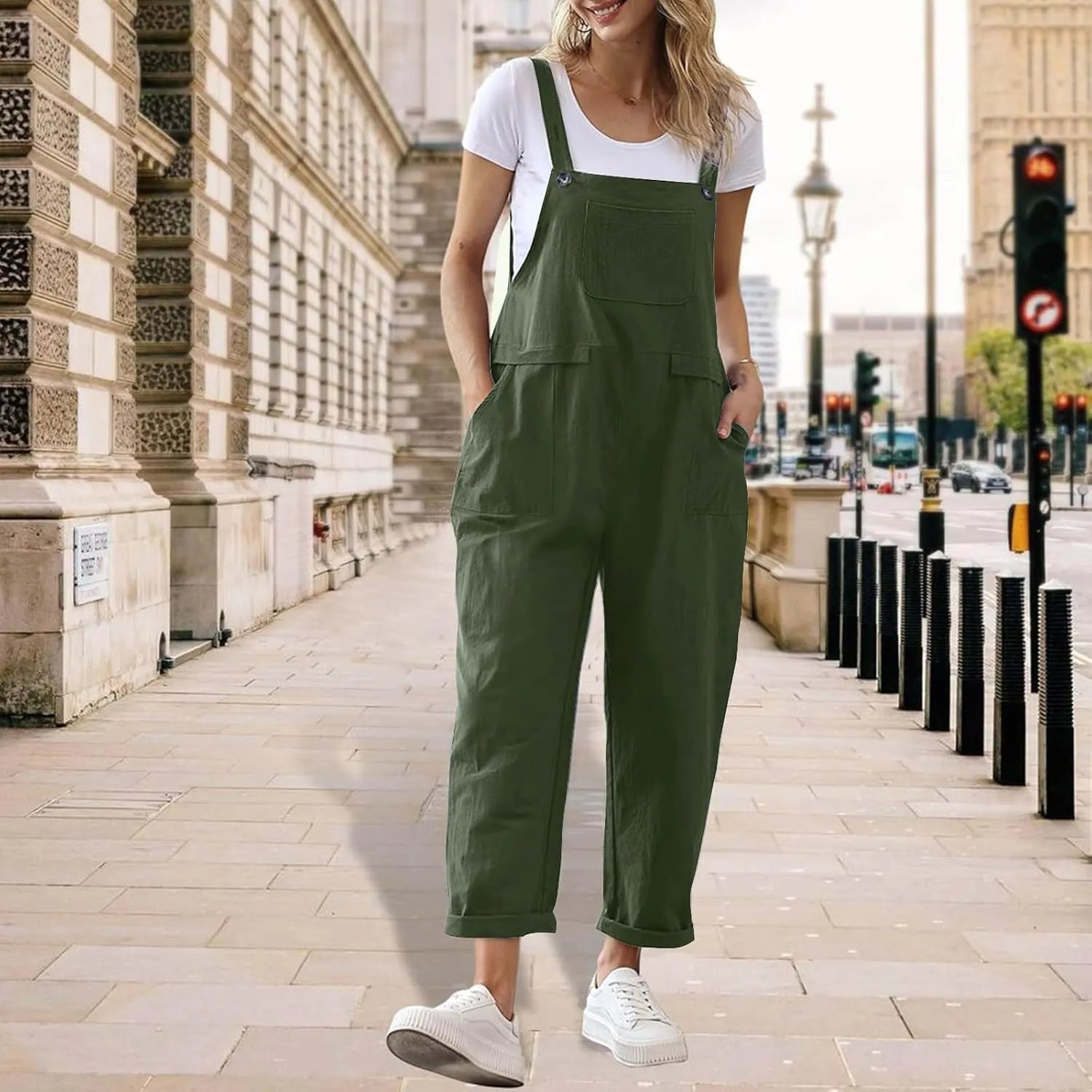 Women's Cotton Linen Overalls Long Baggy Casual Rompers with Pockets Summer Wed Leg Jumpsuits Plus Size Jumper