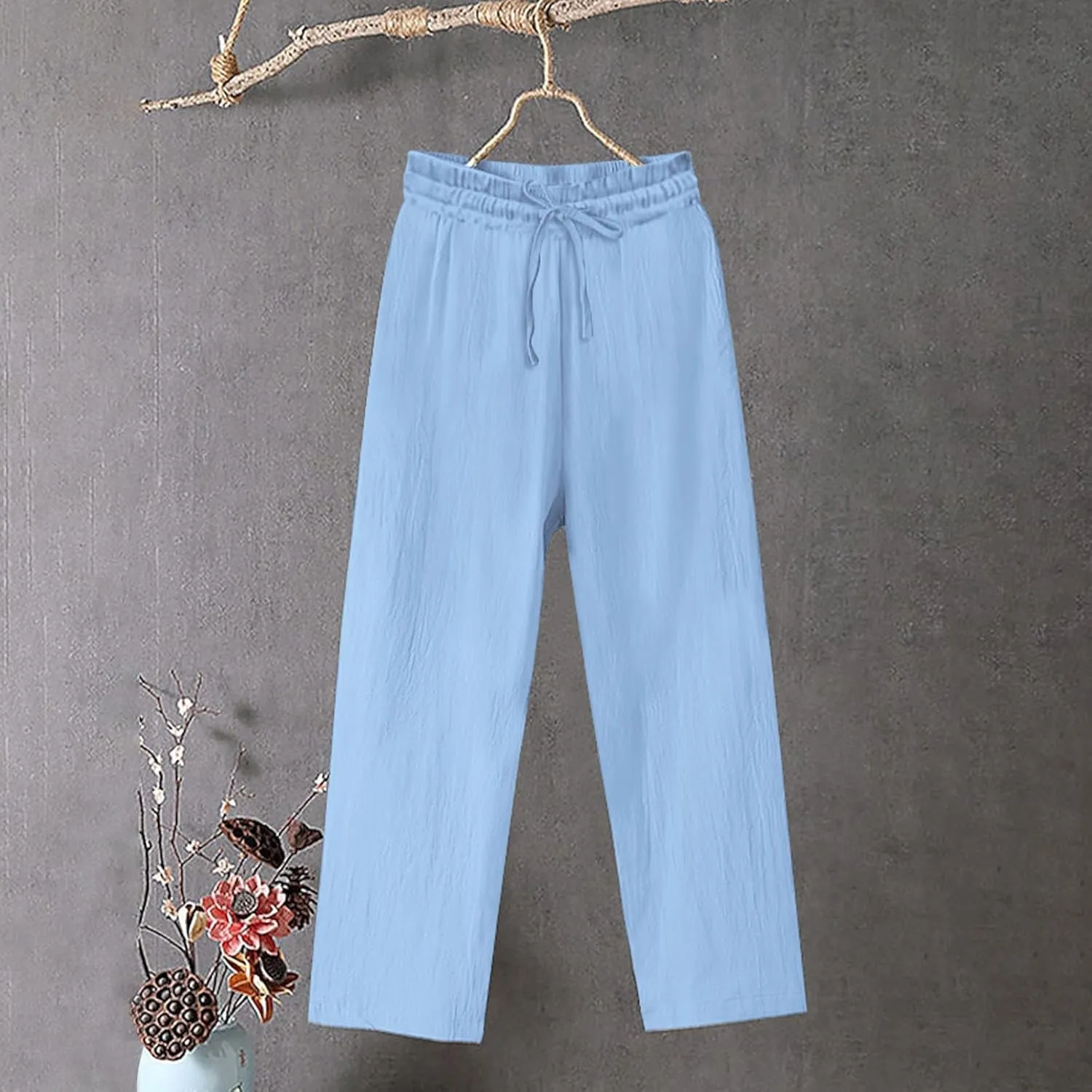 Womens Cotton Linen Pants Summer Casual Beach Pant Drawstring Flowy Traveling Straight Leg Palazzo Trousers