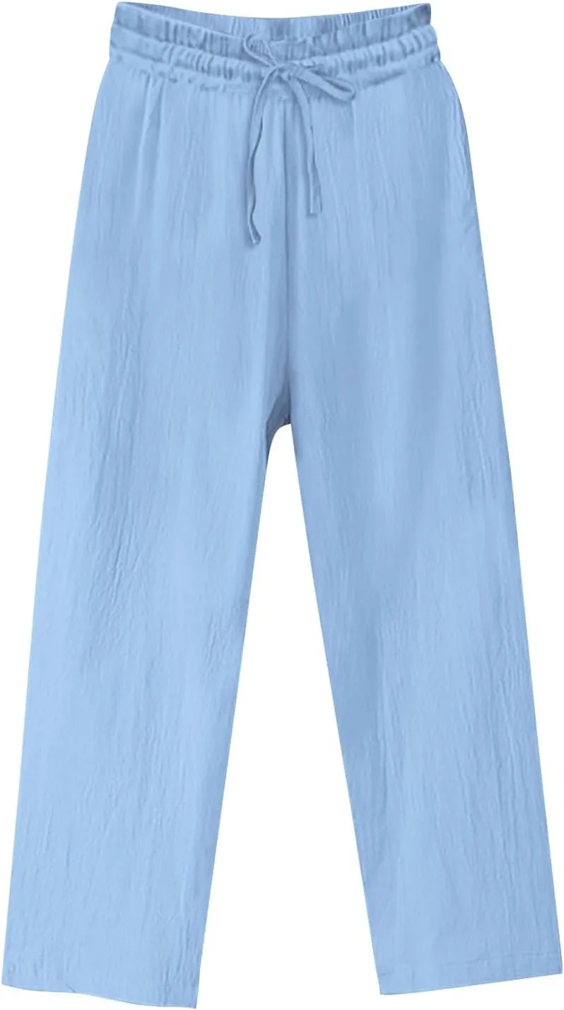 Womens Cotton Linen Pants Summer Casual Beach Pant Drawstring Flowy Traveling Straight Leg Palazzo Trousers