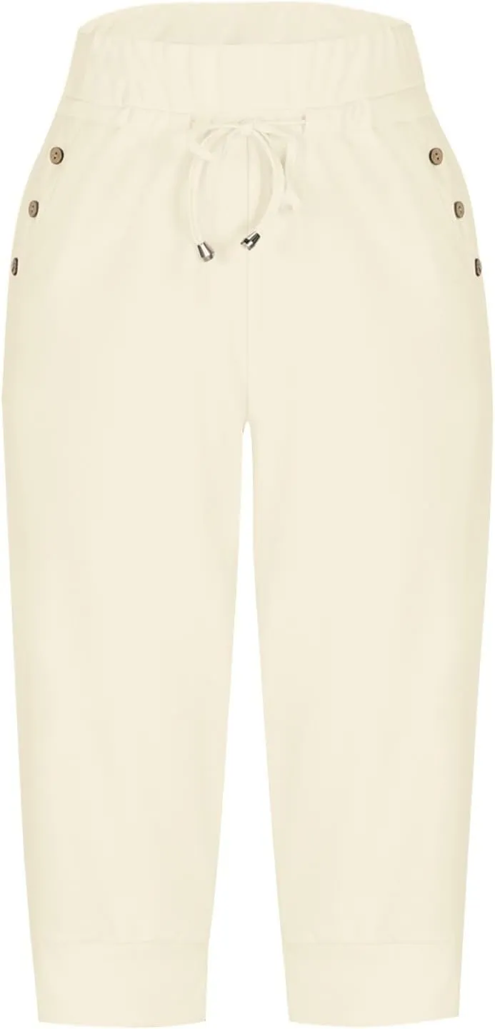 Women's Cotton Linen Summer Casual Palazzo Pants Elastic Waisted Wide Leg Plus Size Trousers Work Business