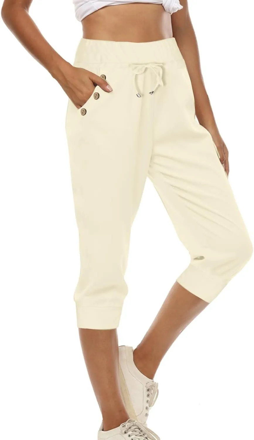 Women's Cotton Linen Summer Casual Palazzo Pants Elastic Waisted Wide Leg Plus Size Trousers Work Business