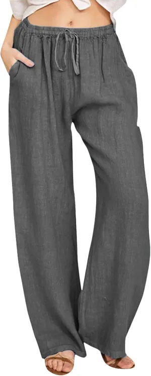 Womens Cotton Linen Summer Palazzo Pant Flowy Wide Leg Beach Pants High Waist Soft Trouser with Pocket