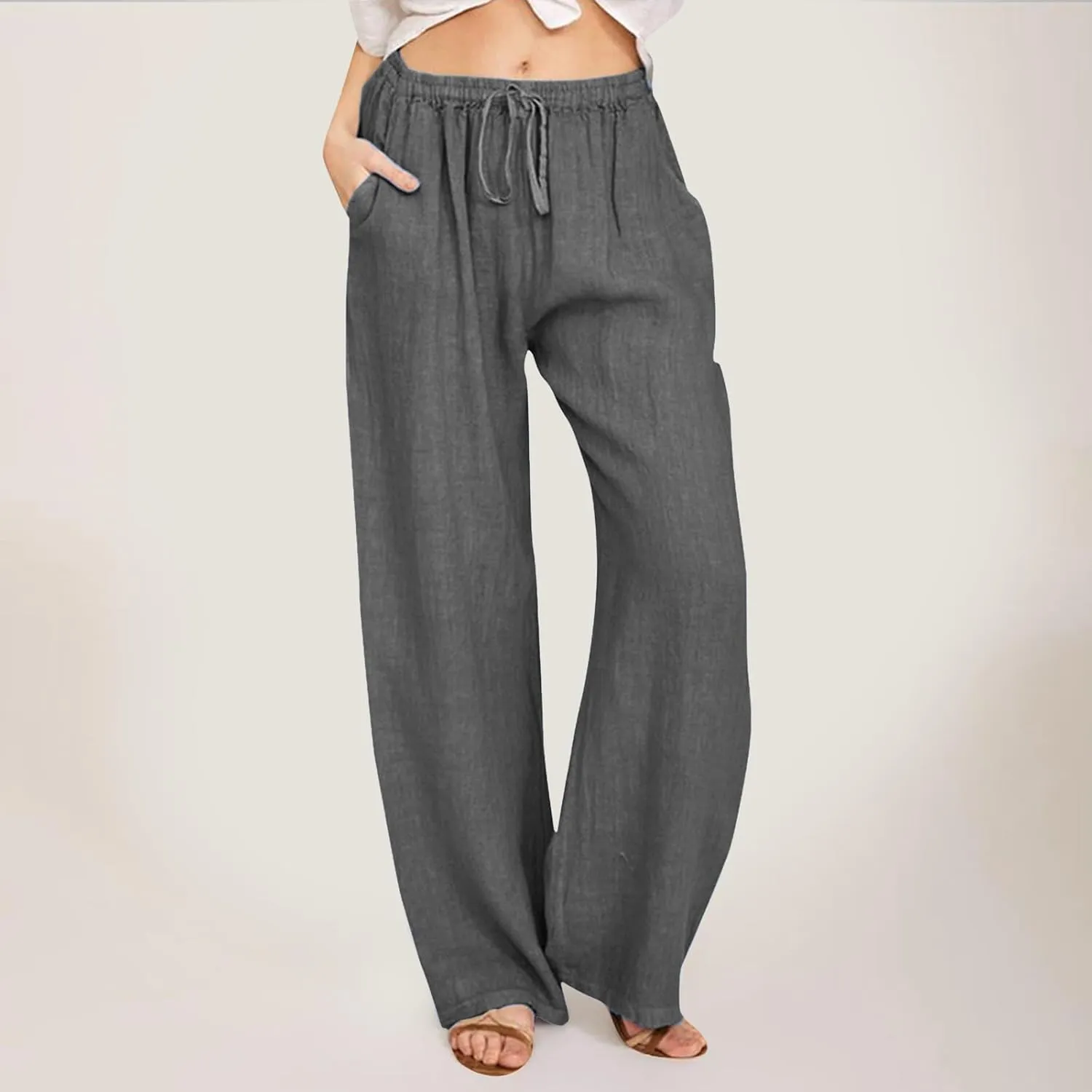 Womens Cotton Linen Summer Palazzo Pant Flowy Wide Leg Beach Pants High Waist Soft Trouser with Pocket