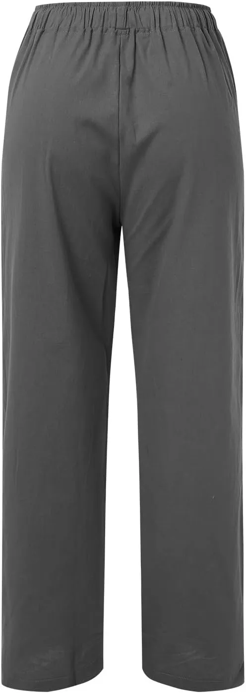 Womens Cotton Linen Summer Palazzo Pant Flowy Wide Leg Beach Pants High Waist Soft Trouser with Pocket