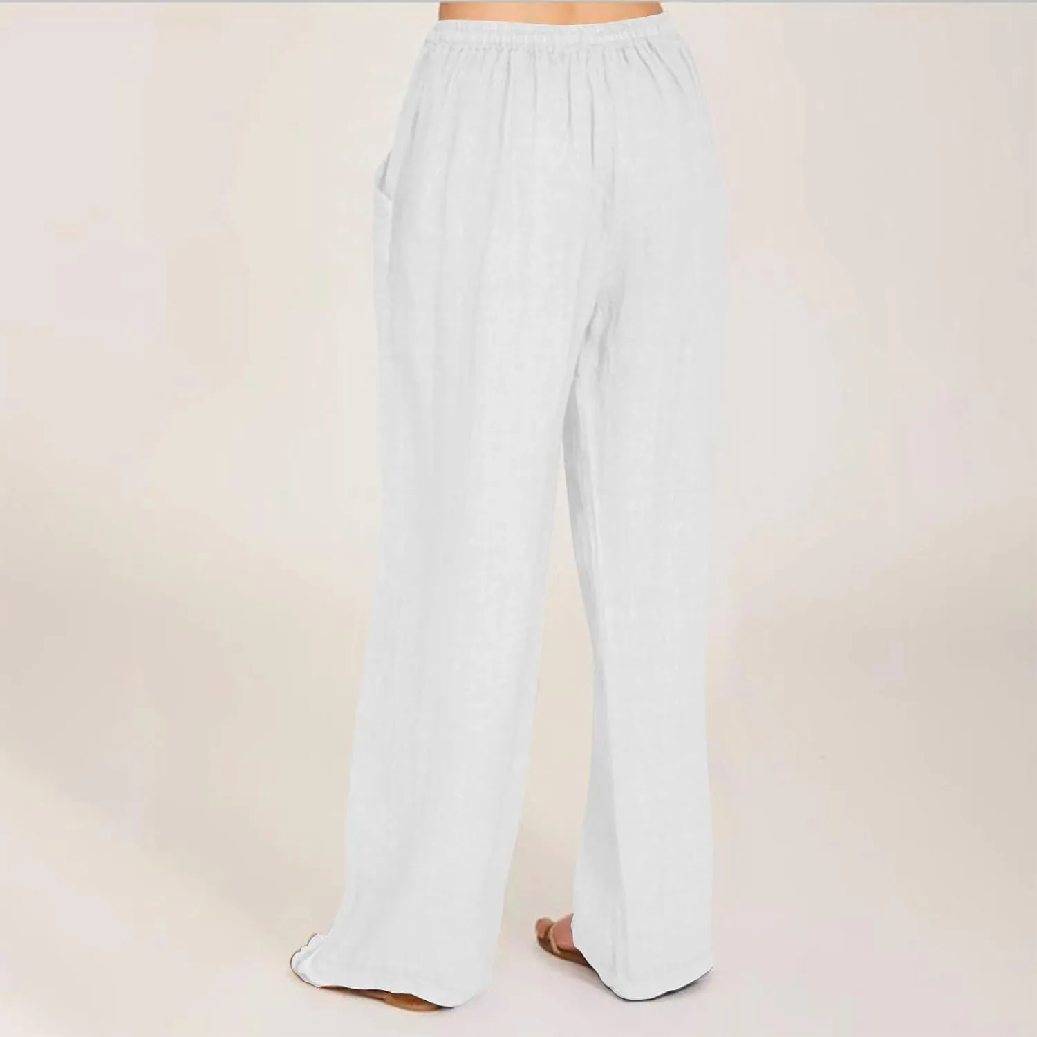 Women's Cotton Linen Wide Leg Pants High Waisted Casual Comfy Palazzo Trousers Vacation Beach Outfit with Drawstring