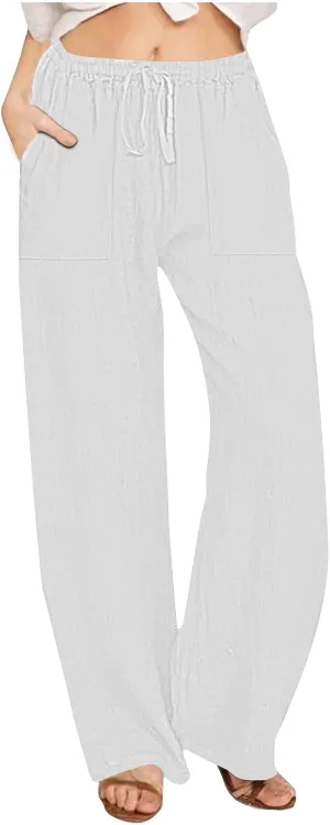 Women's Cotton Linen Wide Leg Pants High Waisted Casual Comfy Palazzo Trousers Vacation Beach Outfit with Drawstring