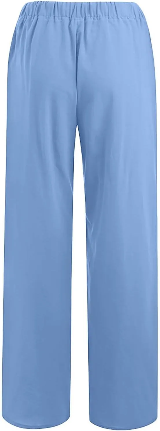 Women's Cotton Linen Wide Leg Pants High Waisted Casual Comfy Palazzo Trousers Vacation Beach Outfit with Drawstring