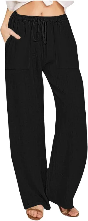 Women's Cotton Linen Wide Leg Pants High Waisted Casual Comfy Palazzo Trousers Vacation Beach Outfit with Drawstring