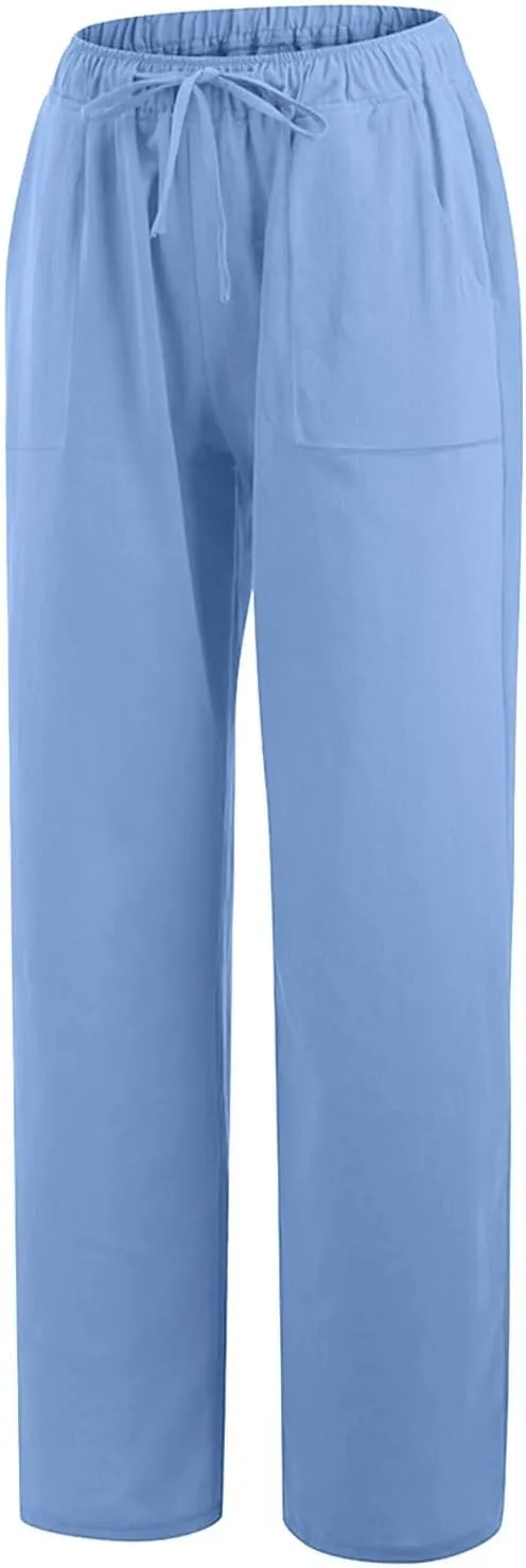 Women's Cotton Linen Wide Leg Pants High Waisted Casual Comfy Palazzo Trousers Vacation Beach Outfit with Drawstring