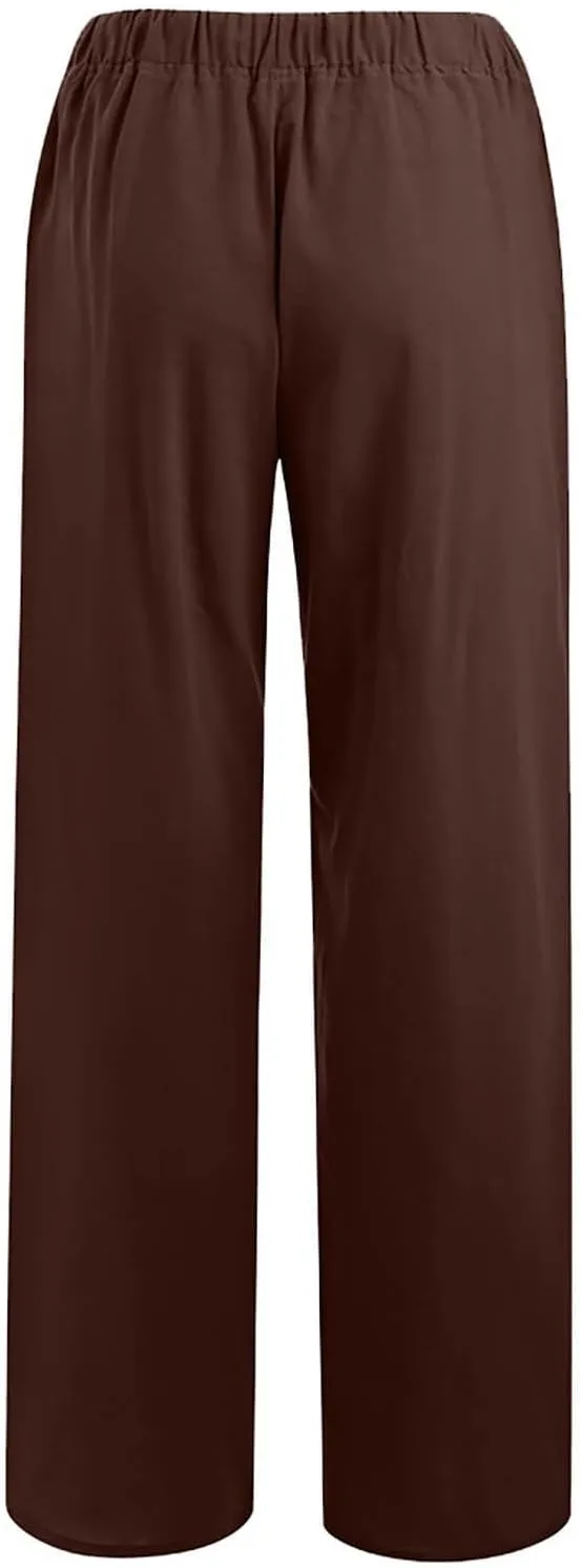 Women's Cotton Linen Wide Leg Pants High Waisted Casual Comfy Palazzo Trousers Vacation Beach Outfit with Drawstring