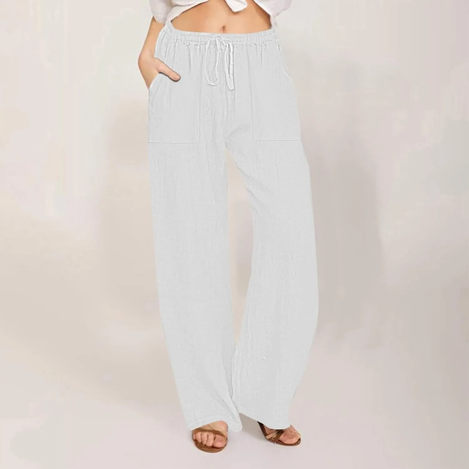 Women's Cotton Linen Wide Leg Pants High Waisted Casual Comfy Palazzo Trousers Vacation Beach Outfit with Drawstring
