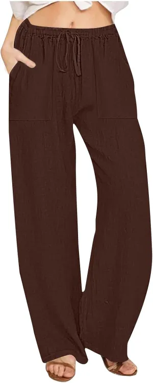 Women's Cotton Linen Wide Leg Pants High Waisted Casual Comfy Palazzo Trousers Vacation Beach Outfit with Drawstring