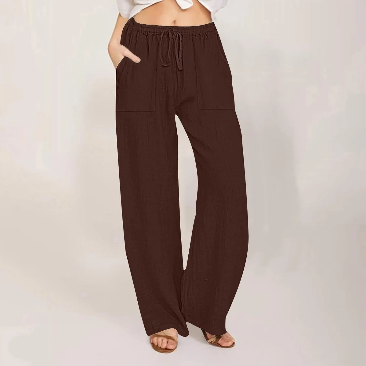 Women's Cotton Linen Wide Leg Pants High Waisted Casual Comfy Palazzo Trousers Vacation Beach Outfit with Drawstring