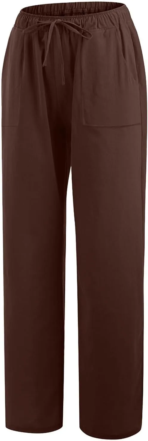 Women's Cotton Linen Wide Leg Pants High Waisted Casual Comfy Palazzo Trousers Vacation Beach Outfit with Drawstring
