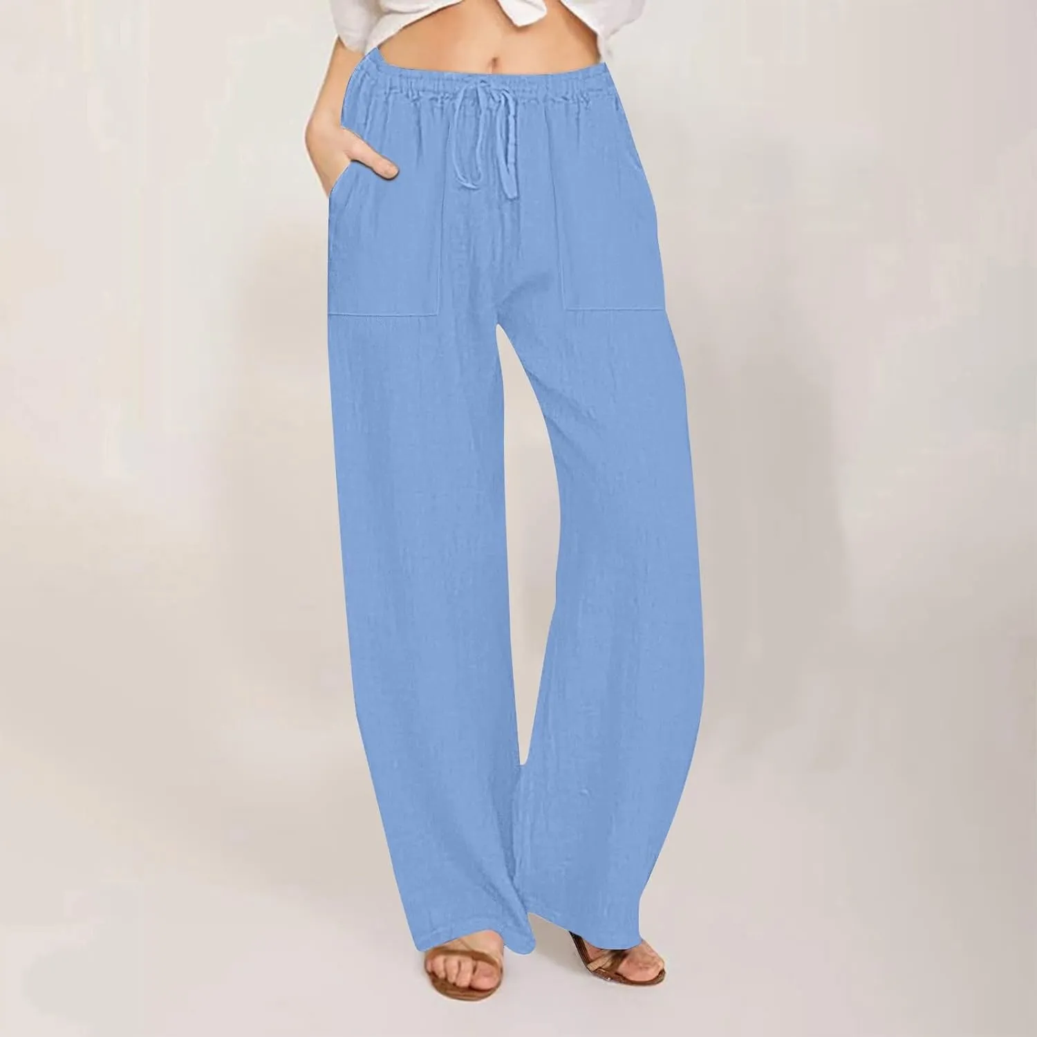 Women's Cotton Linen Wide Leg Pants High Waisted Casual Comfy Palazzo Trousers Vacation Beach Outfit with Drawstring