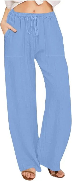 Women's Cotton Linen Wide Leg Pants High Waisted Casual Comfy Palazzo Trousers Vacation Beach Outfit with Drawstring