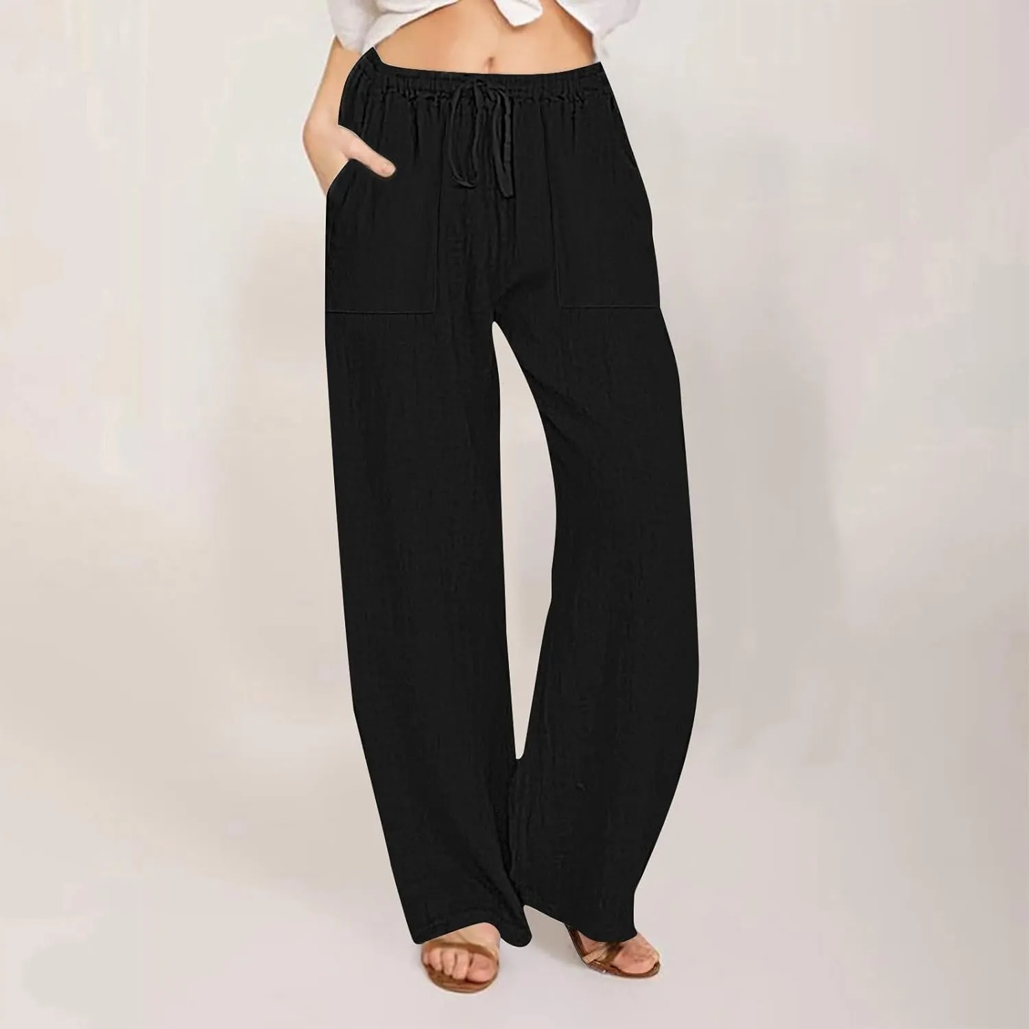 Women's Cotton Linen Wide Leg Pants High Waisted Casual Comfy Palazzo Trousers Vacation Beach Outfit with Drawstring