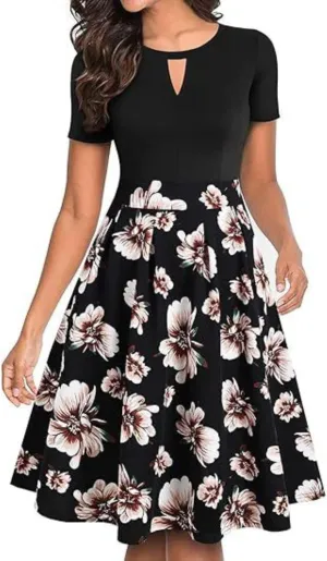 Women's Cute a Line Daily Dress Business Ruffle Sundress Pleated Hem Patchwork Shift Dress