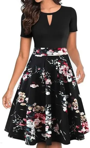 Women's Cute a Line Daily Dress Business Ruffle Sundress Pleated Hem Patchwork Shift Dress