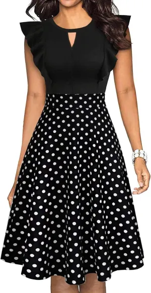 Women's Cute a Line Daily Dress Business Ruffle Sundress Pleated Hem Patchwork Shift Dress