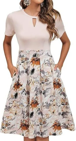 Women's Cute a Line Daily Dress Business Ruffle Sundress Pleated Hem Patchwork Shift Dress