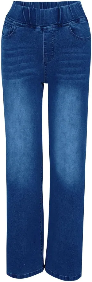 Women's Denim Sweatpants Elastic Waist Straight Leg Trousers Casual Slim Fit Stretch Hiking Jogger Jeans with Pockets