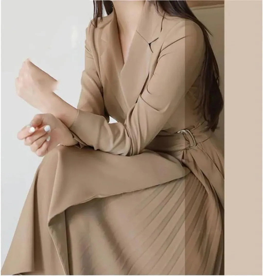 Women's Double Breasted Blazer Dress Black V-Neck A-Line Maxi Dress Wrap Pleated Skirt