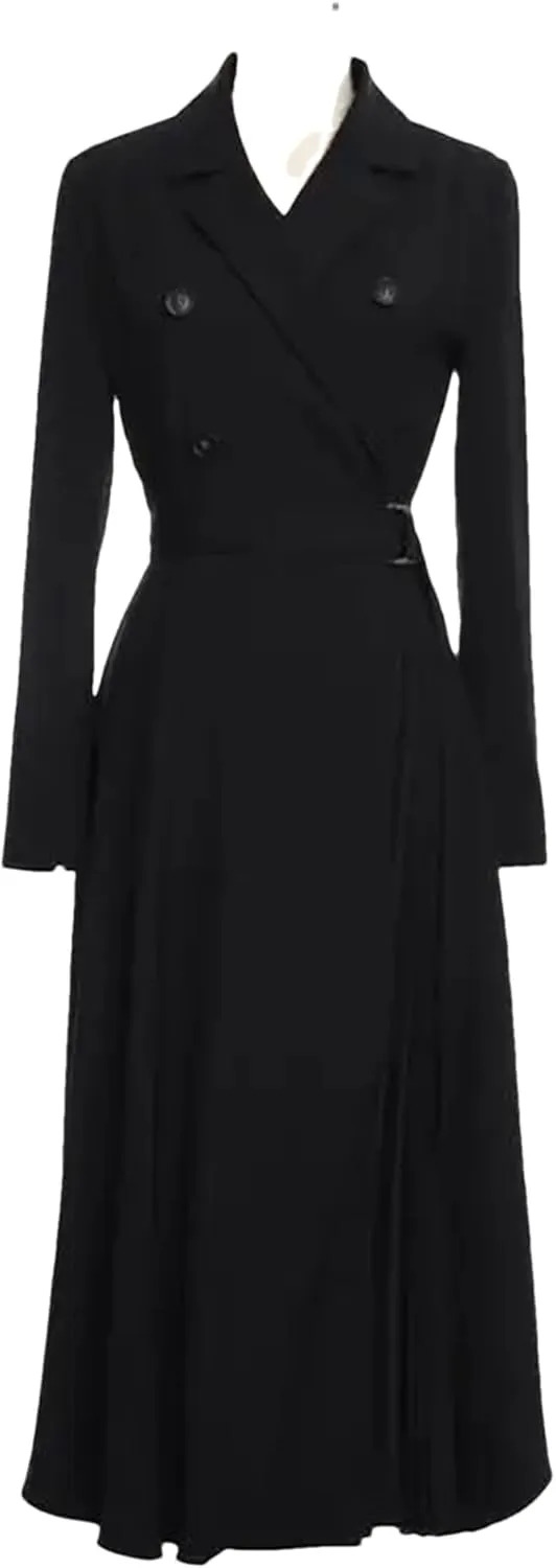 Women's Double Breasted Blazer Dress Black V-Neck A-Line Maxi Dress Wrap Pleated Skirt