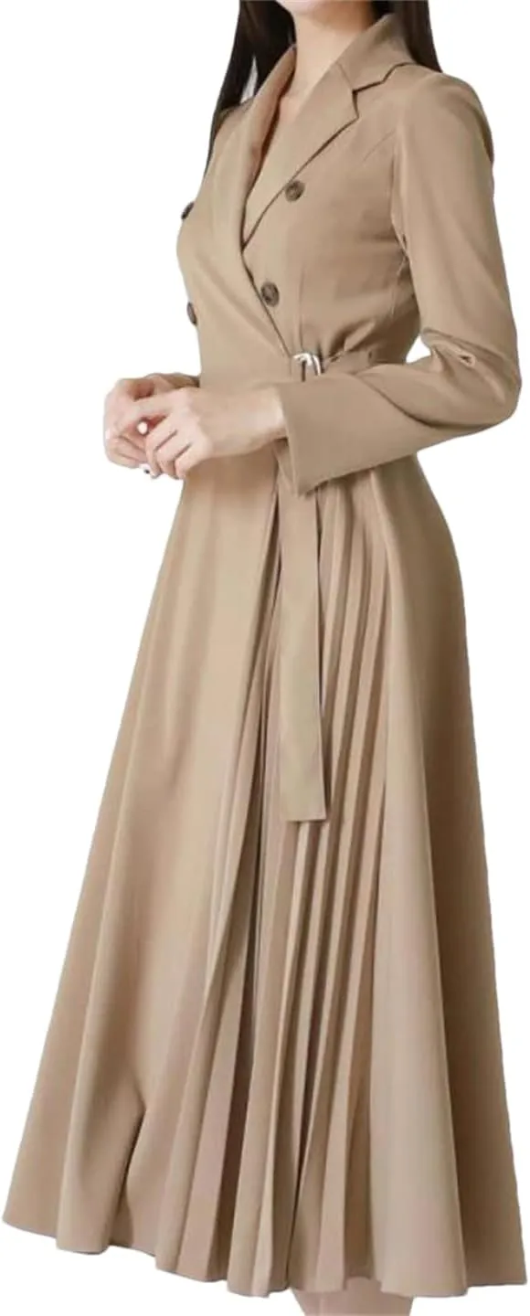 Women's Double Breasted Blazer Dress Black V-Neck A-Line Maxi Dress Wrap Pleated Skirt