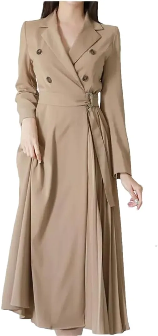 Women's Double Breasted Blazer Dress Black V-Neck A-Line Maxi Dress Wrap Pleated Skirt