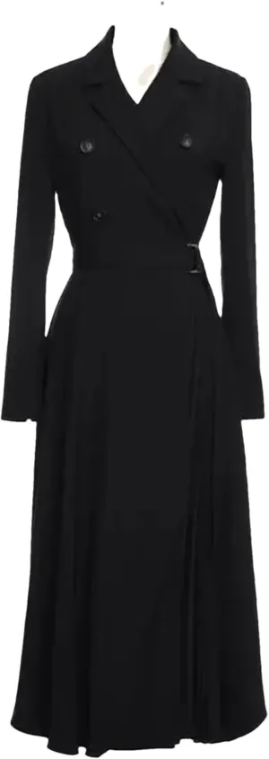 Women's Double Breasted Blazer Dress Black V-Neck A-Line Maxi Dress Wrap Pleated Skirt