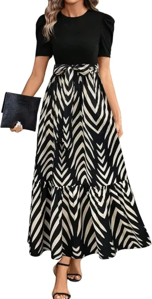 Womens Dresses Waist Tie Short Sleeve Smocked Round Neck Summer Casual Party Beach Flowy Dresses