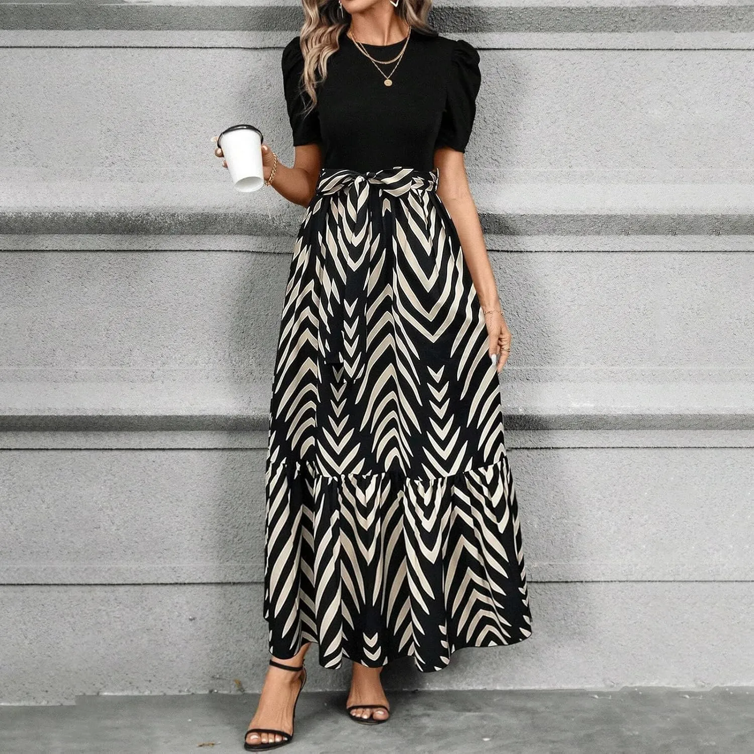Womens Dresses Waist Tie Short Sleeve Smocked Round Neck Summer Casual Party Beach Flowy Dresses