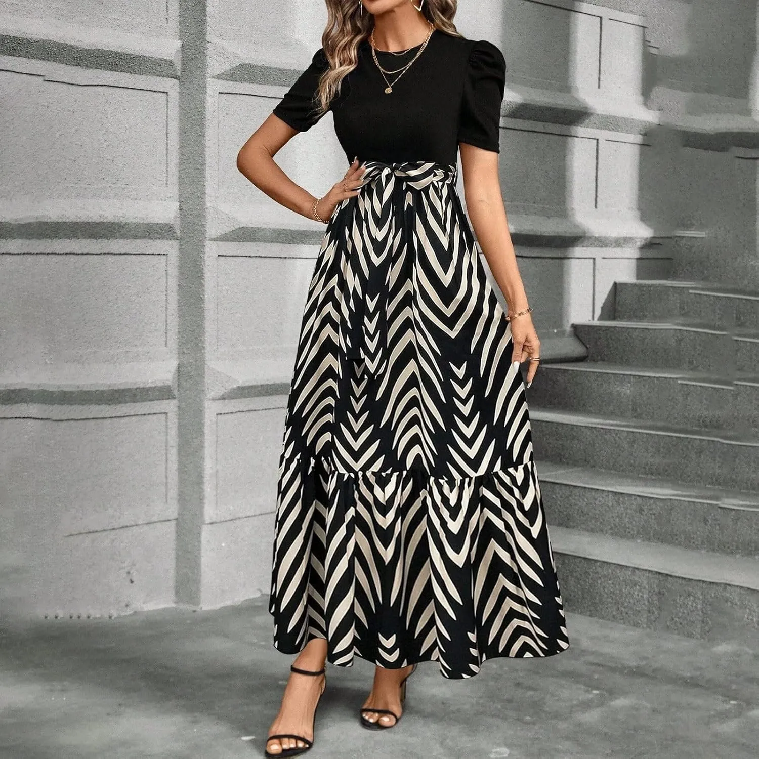 Womens Dresses Waist Tie Short Sleeve Smocked Round Neck Summer Casual Party Beach Flowy Dresses