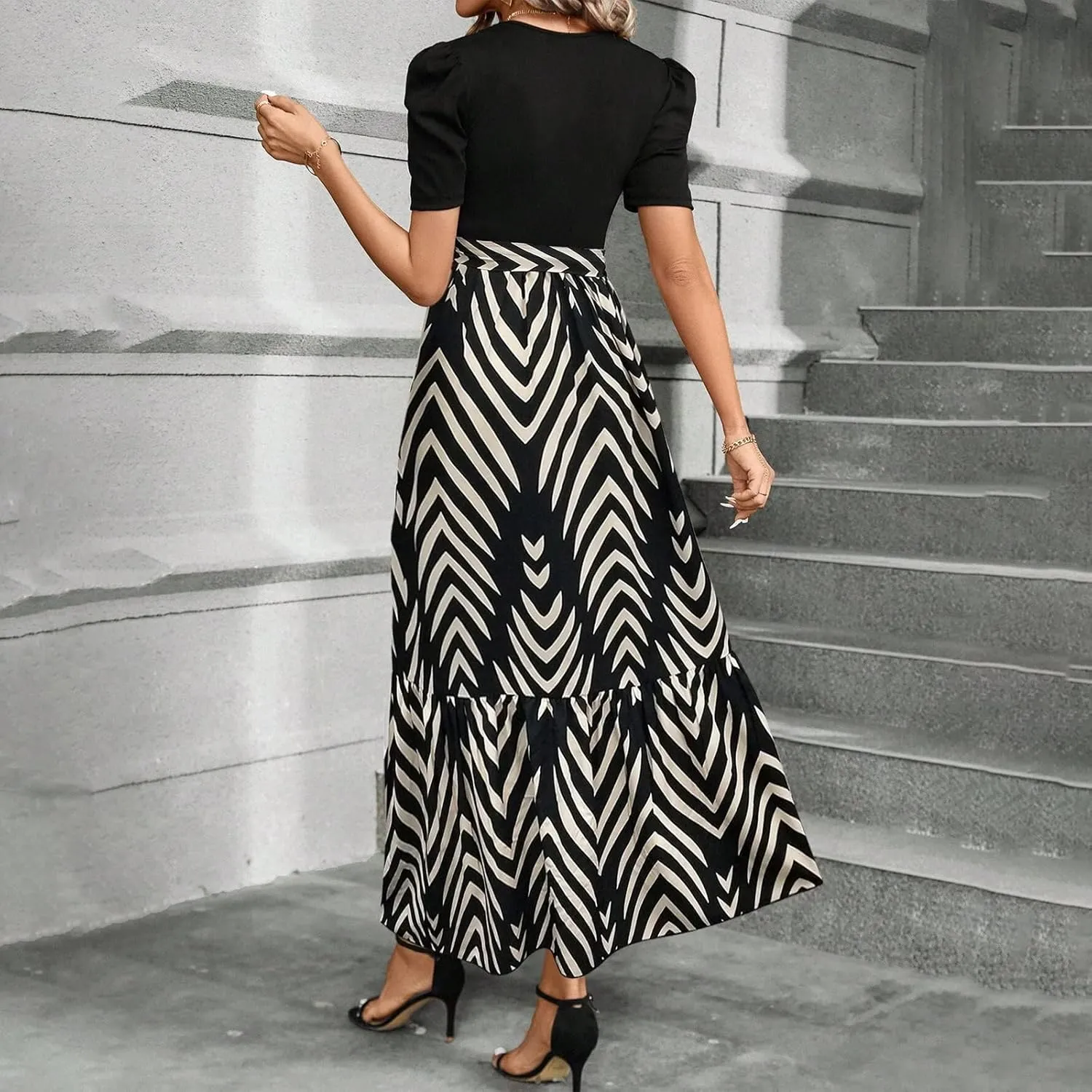 Womens Dresses Waist Tie Short Sleeve Smocked Round Neck Summer Casual Party Beach Flowy Dresses