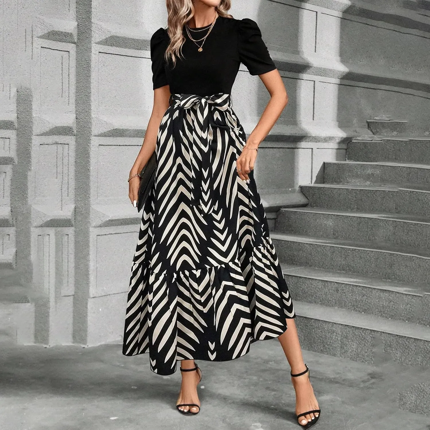 Womens Dresses Waist Tie Short Sleeve Smocked Round Neck Summer Casual Party Beach Flowy Dresses