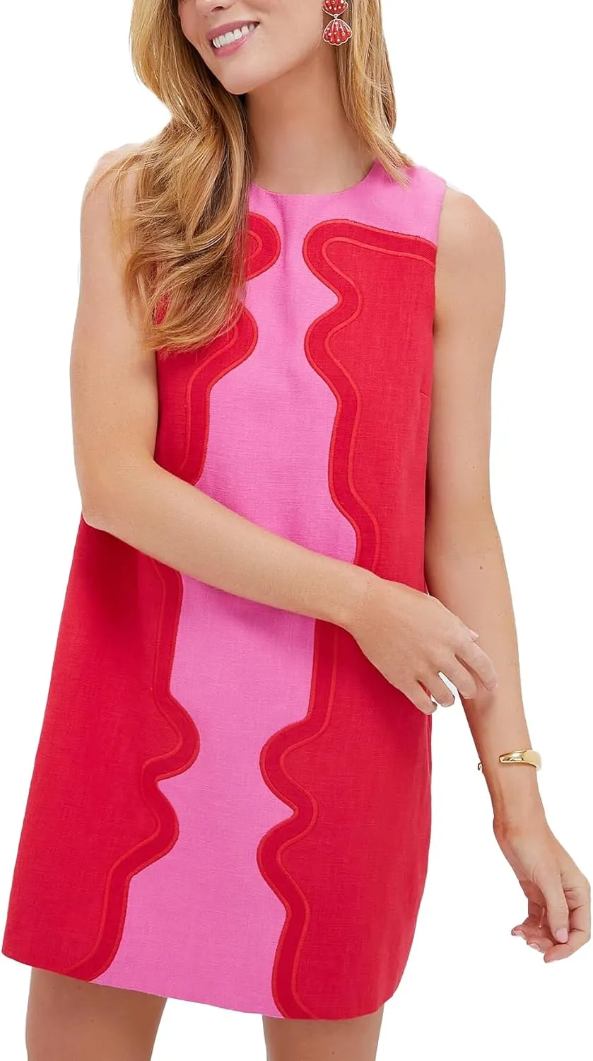 Women's Floral Jacquard Mini Dress Sleeveless Crew Neck A-Line Shift Short Summer Dress
