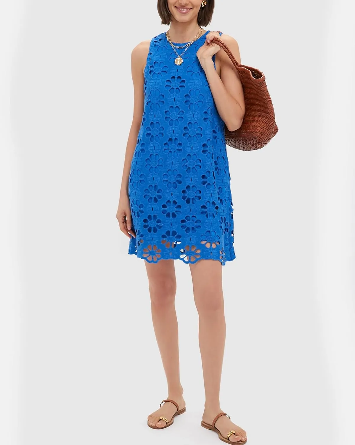 Women's Floral Jacquard Mini Dress Sleeveless Crew Neck A-Line Shift Short Summer Dress