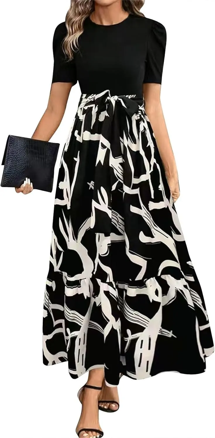 Womens Floral Maxi Dress Short Sleeve Empire Waist Elegant Long Dress with Belt Summer Casual Vintage Flowy Dresses